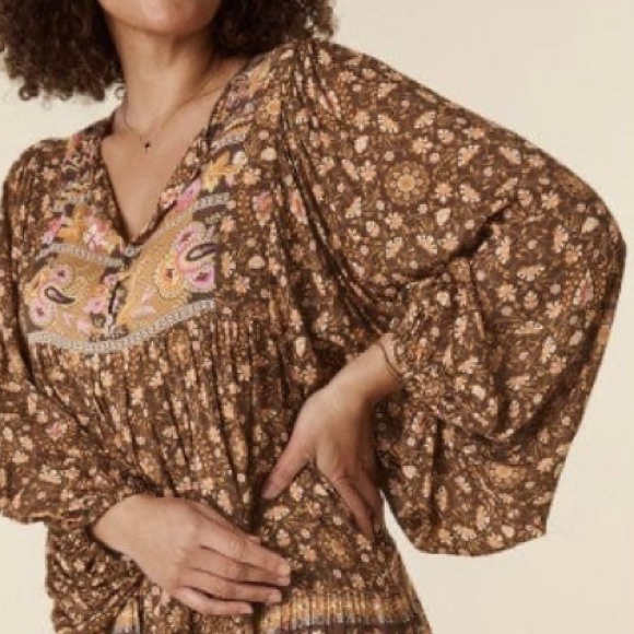 New SPELL MADAME PEACOCK BOHO festival Relax fit MINI DRESS - COFFEE - Picture 4 of 14